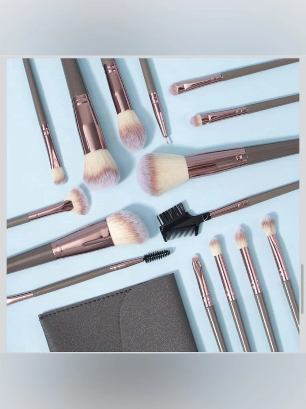 NWT~15pc Professional Makeup Full Face Brush & Case Set~Gray & Champagne Color